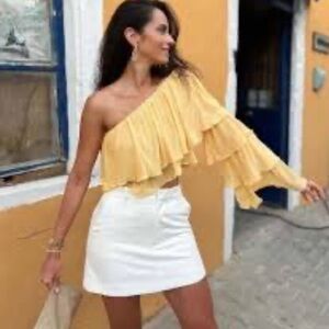 Zara Yellow Asymmetrical Ruffle Blouse